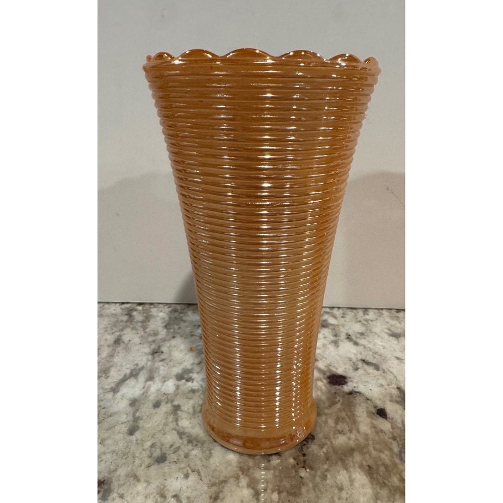 Vintage Peach Carnival Glass Ribbed Trumpet Vase‎ Iridescent Scalloped Rim 7.5"